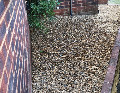 blockwork edged side garden pathway laid to gravel.