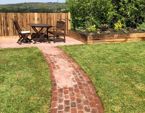 Fenced patio with leading pathway.