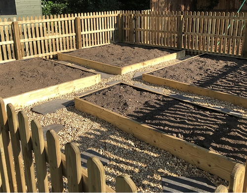 Contained vegetable planters in a private fenced area.