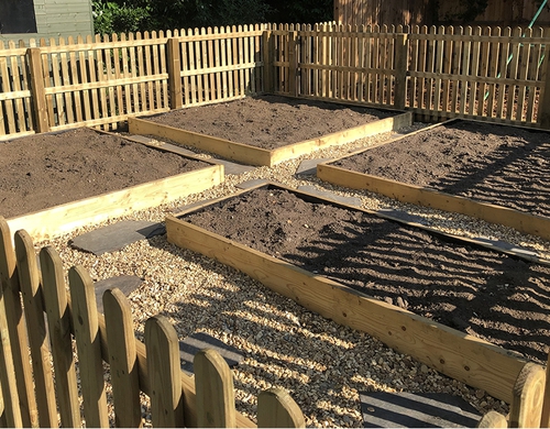 Contained vegetable planters in a private fenced area.